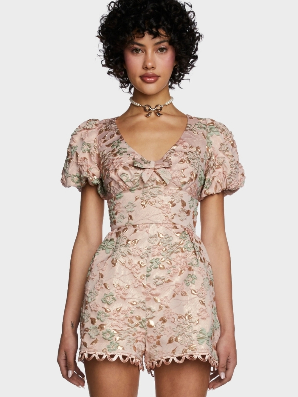 Dolls Kill Sugar Thrillz Light Pink Jacquard Floral Romper